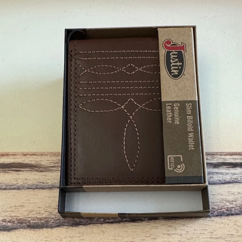 Justin Boots Genuine Leather Slim Bifold Brown Boot Stitch RFID Wallet